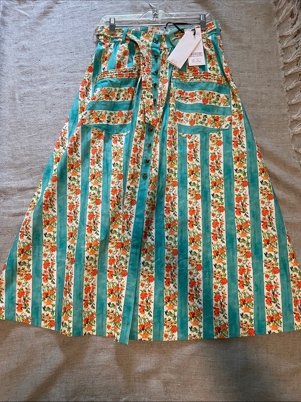 Saloni Striped Floral Maxi Skirt in Teal, Cream, and Orange